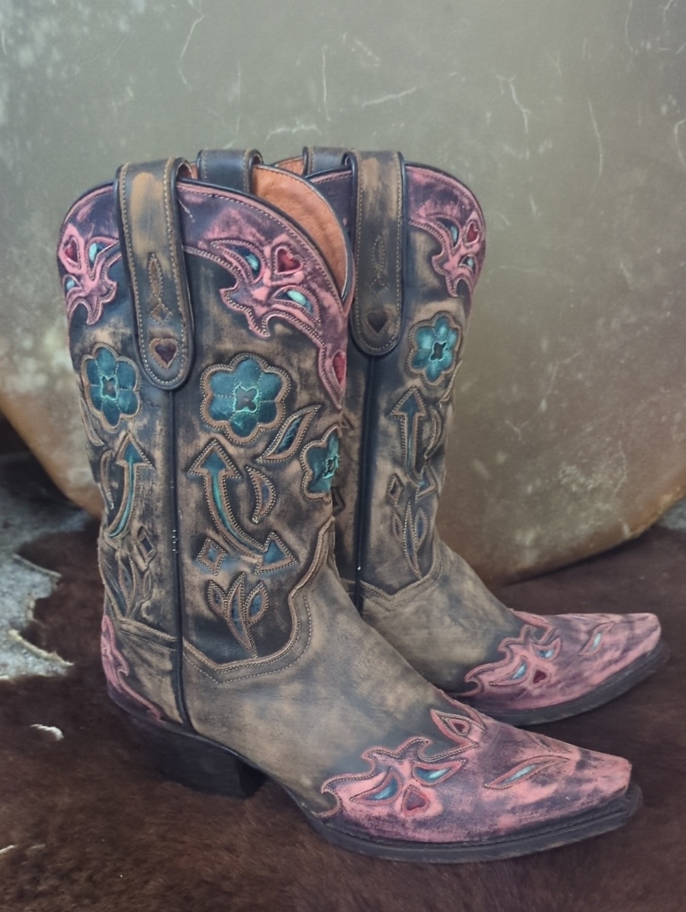 DAN POST #DP3459 "Vintage Blue Arrow" distressed snip toe cowgirl boots sz 7.5